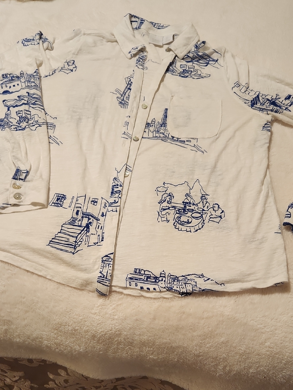 Women's White Button-Up Shirt with Blue Scenic Print